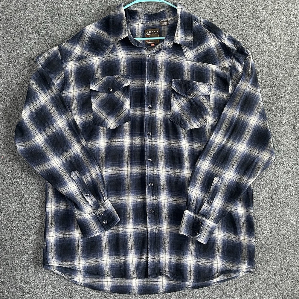Roper Pearl Snap Flannel Shirt~Men's 2XL~Blue/Black Plaid Long Sleeve